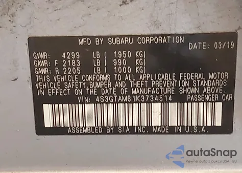 2019 Subaru Impreza 2.0I Sport from USA, damaged, VIN 4S3GTAM61K3734514